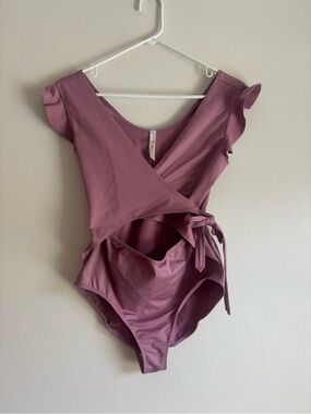 Free People Mauve Wrap Tie Bodysuit with Flutter Sleeves